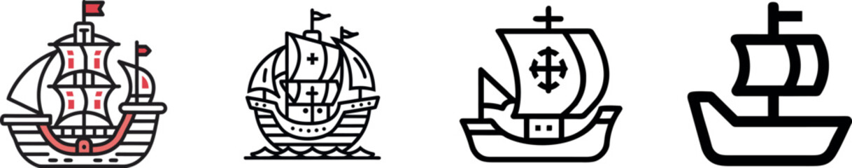 Columbus day sailing ship icon set historic santa maria caravel boat vector line art © M15