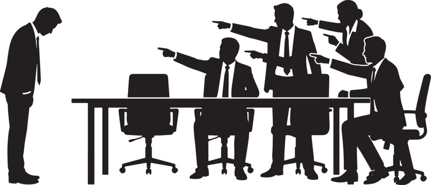 Business silhouette of a group of colleagues pointing fingers at a single employee in a meeting room