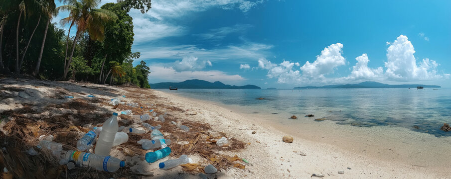 Abandoned plastic bottles and debris litter a sandy beach under palm trees.
