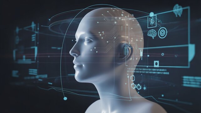 Futuristic AI technology digital brain interface with human profile in cyber data network
