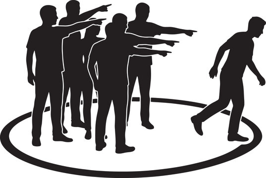 Group of people pointing at an individual standing inside a circle representing social exclusion and bullying