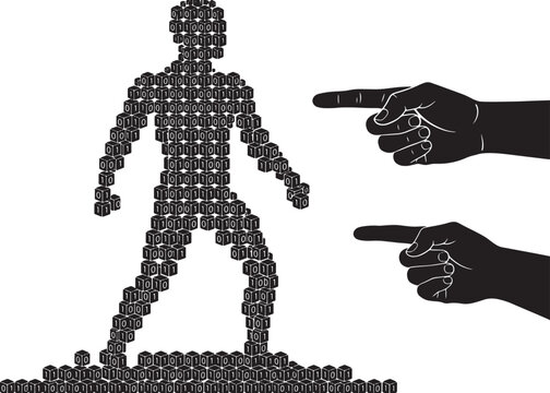 Human silhouette made of binary code blocks with pointing hands isolated on white background vector illustration