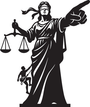 Lady Justice statue with scales and blindfold being cleaned by a worker, black and white vector illustration