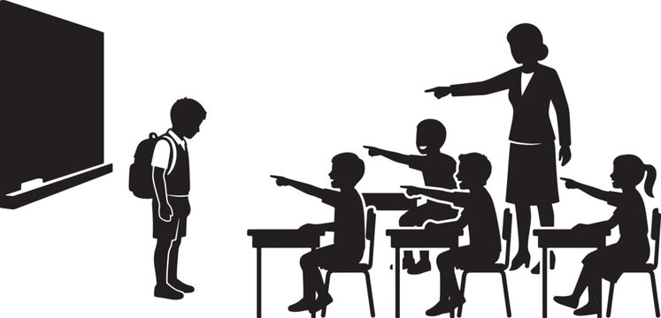 School bullying silhouette illustration showing a student being mocked by classmates and teacher in a classroom setting