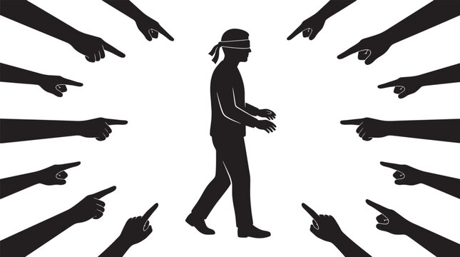 Silhouette of a blindfolded person surrounded by many pointing fingers representing social judgment and public blame vector