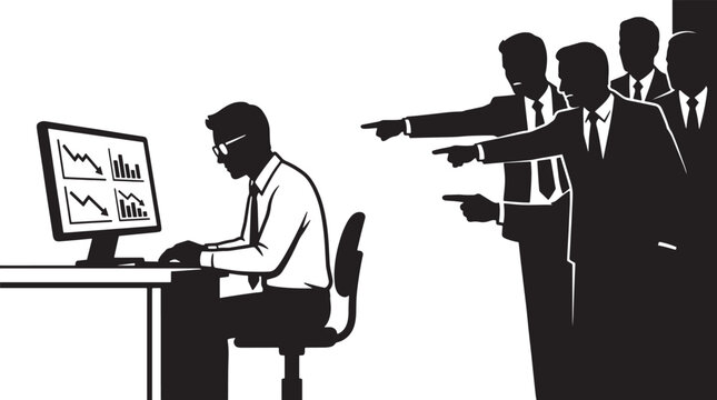 Silhouette of a businessman being blamed by colleagues for financial losses on a computer screen vector illustration