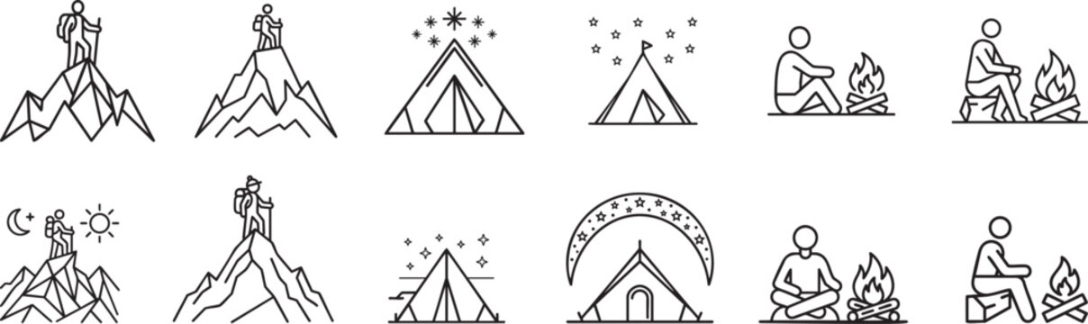 Collection of simple outline icons representing mountain climbing adventure camping and campfire scenes