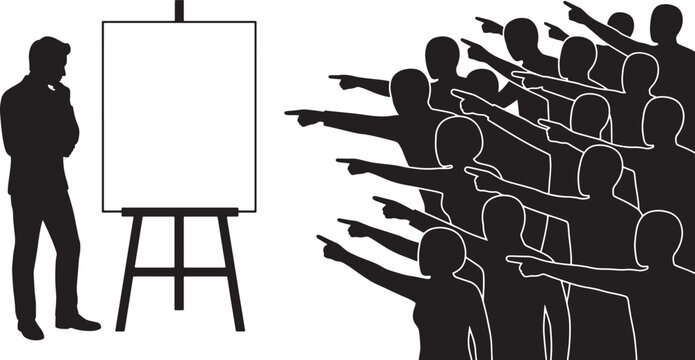 Silhouette of a man standing before a blank board while a crowd points fingers at him vector