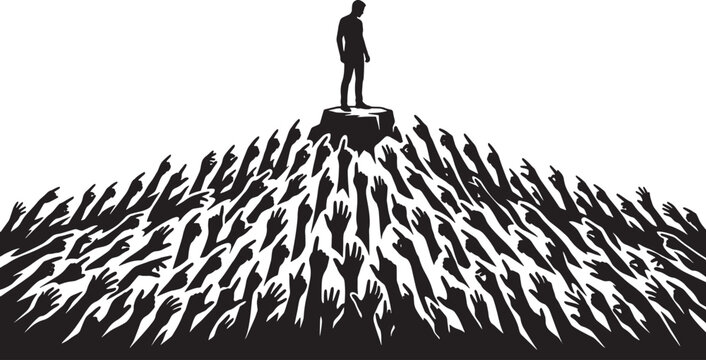 Silhouette of a man standing on a pedestal surrounded by many reaching hands in black and white