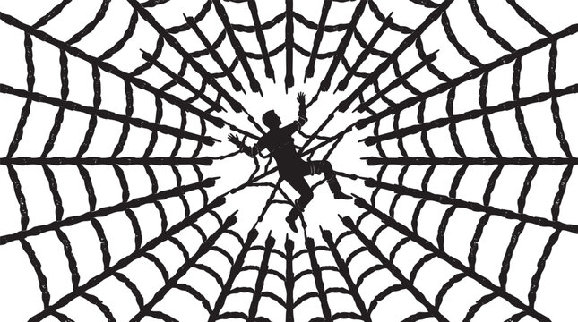 Silhouette of a person trapped in a large spider web representing struggle and feeling stuck vector illustration