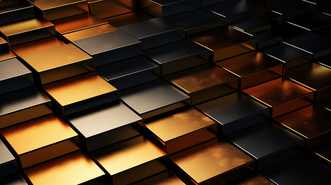 Stepped metallic panels creating an abstract gold and black digital architecture pattern