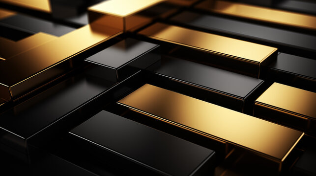 Gold and black metallic blocks arranged in a reflective geometric technology structure
