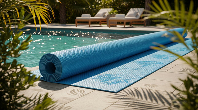 Blue solar pool cover rolled up on patterned tile deck near swimming pool with lush palm trees and loungers in background.