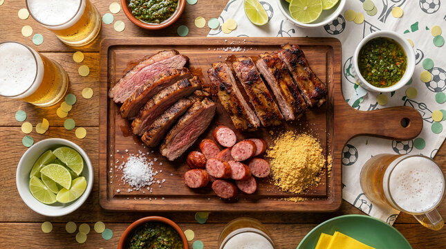 Delicious grilled steak and ribs served with sliced sausage, lime, chimichurri sauce, farofa, and beer on a wooden board with soccer themed decorations