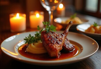 Naklejka premium Crispy Duck Confit Glazed Skin Candlelit Bistro Ambiance Enveloped in Warm Glow