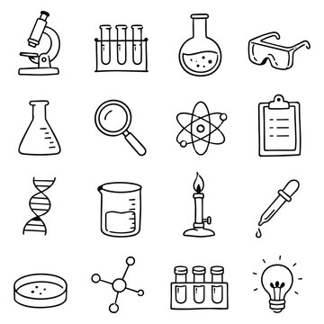 Hand Drawn Laboratory Icon Collection. Sketches depicting academic research and discovery tools representing curiosity innovation and a quest for intellectual enlightenment.