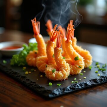 Crispy Shrimp Tempura Delight Dipped in Tangy Sauce on Dark Slate Dish