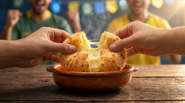 Two hands pull apart a hot cheesy p&atilde;o de queijo bread roll with steam rising, while excited soccer fans cheer in the background