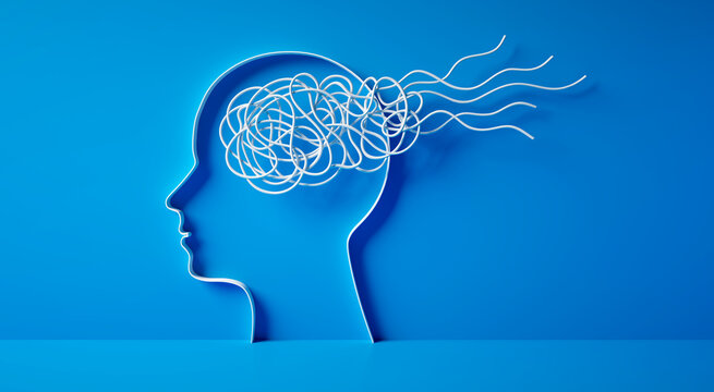 3D silhouette of a head with white tangled rope or cord inside symbolizing mental complexity and confusion on blue background - 3d illustration