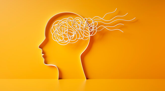 3D silhouette of a head with white tangled rope or cord inside symbolizing mental complexity and confusion on yellow background - 3d illustration