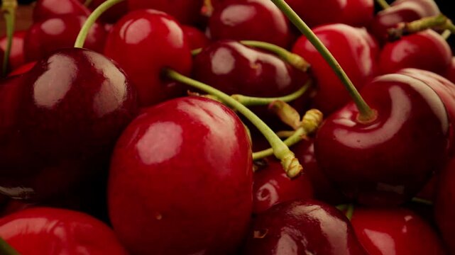 Macro moving closely over a pile of glossy ripe red sweet cherries with green stems against black background