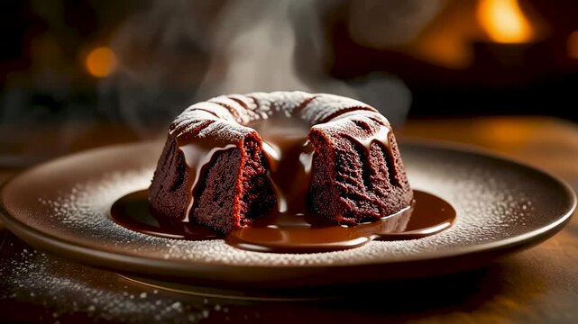 Closeup of a warm, decadent chocolate lava cake with a molten center, dusted with powdered sugar on a plate, steam rising in a cozy, dimly lit background
