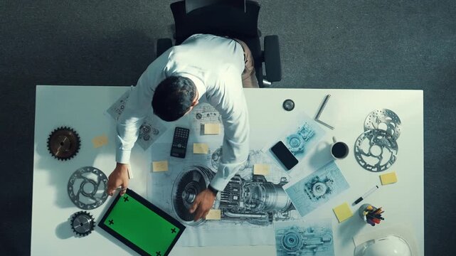 Top view of engineer looking at phone while working on tablet with green screen at meeting table with turbine engine or jet engine sketch design and various metal gear scatter around. Alimentation.