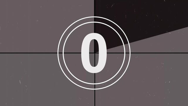 Movie countdown from 5 to 0 seconds, old movie countdown five seconds from dark theme to light theme Vintage, old, projected film head leader with real time countdown clock 4k video