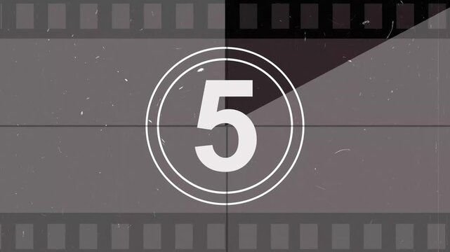 Old film strip countdown 10 to 0 seconds. Vintage defocused film look, flicker, grain and scratches effect countdown old film 10 second universal film leader, counting down 4K animation