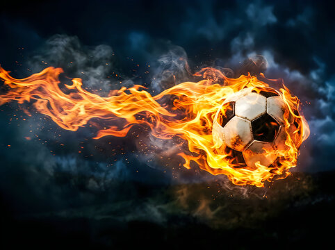 Fiery soccer ball dynamic sports illustration with flames and smoke