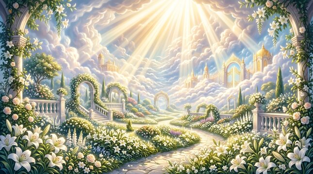 Heavenly garden with bright divine light for the feast of assumption
