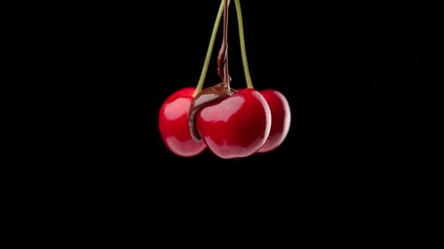 Sweet m elted chocolate pouring and flowing over three glossy red cherries hanging by stems and dripping down against a black background