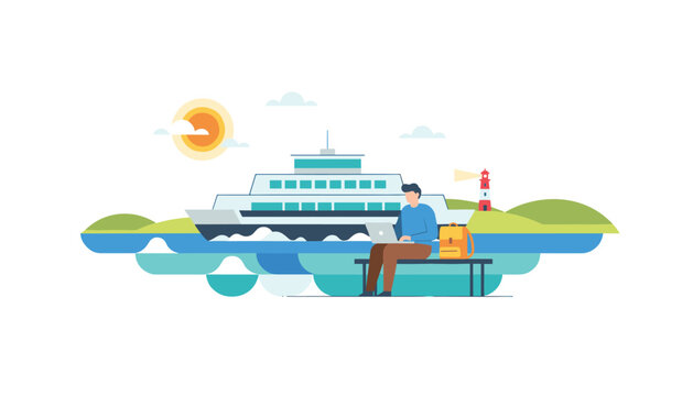 Man working on laptop sitting on bench near ferry boat and lighthouse for remote professional travel or digital nomad lifestyle adventure.