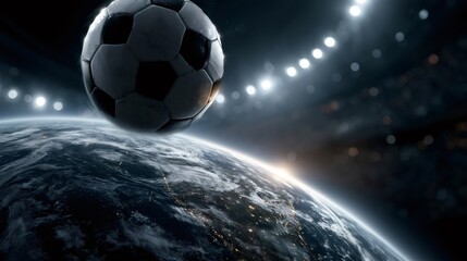 Fototapeta premium Soccer ball hovering over earth with stadium lights