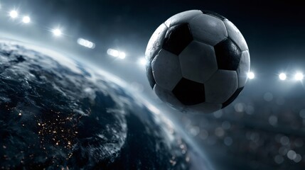 Fototapeta premium Soccer ball orbiting earth with stadium lights global concept