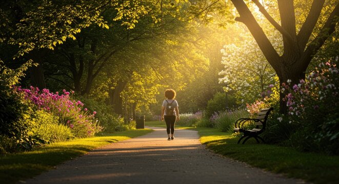 A woman runs along a serene park path surrounded by vibrant flowers and lush greenery on a sunny day.