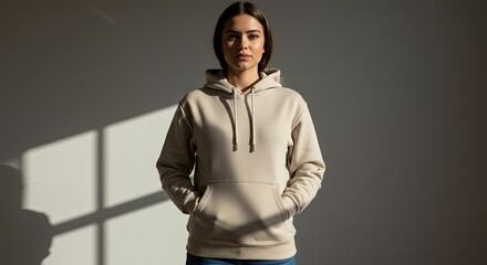 Obraz premium A woman wearing a beige hoodie stands confidently with her hands in pockets indoors.