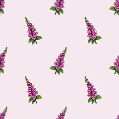 Pink foxglove blooms in a seamless botanical pattern on soft mauve background, perfect for fabric print, wallpaper © PinkBirdDesign