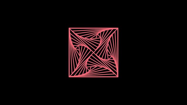 Coral geometric square spiral animation - abstract hypnotic block vortex and mathematical puzzle line grid loop on black background. 25fps video