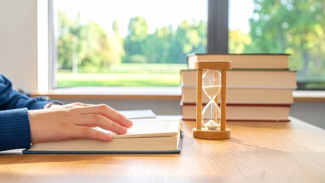 Executive practicing digital detox while focusing mind fully on reading physical book page beside wooden hourglass