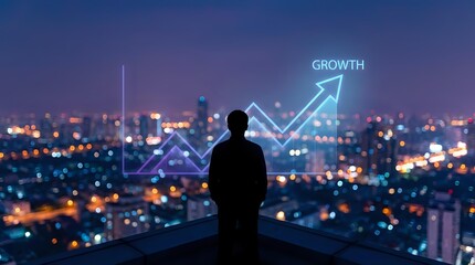 Fototapeta premium Businessman Silhouette Standing Over Night City with Growth Chart Arrow Success Concept