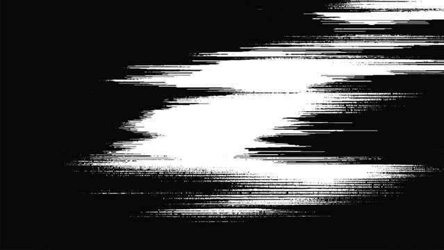 Glitchy white noise distortion effect on black background screen error message display