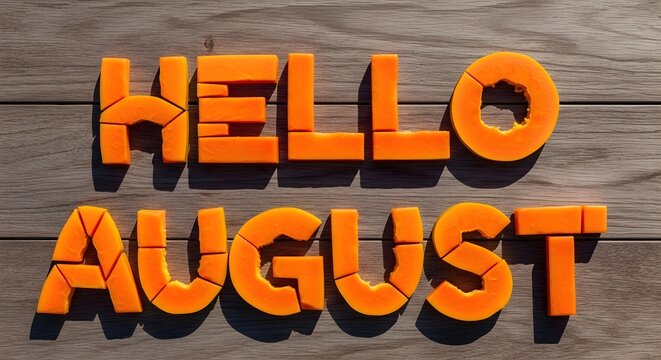 Hello August Typography Made from Fresh Papaya Slices on Wooden Table, Summer Fruit Concept