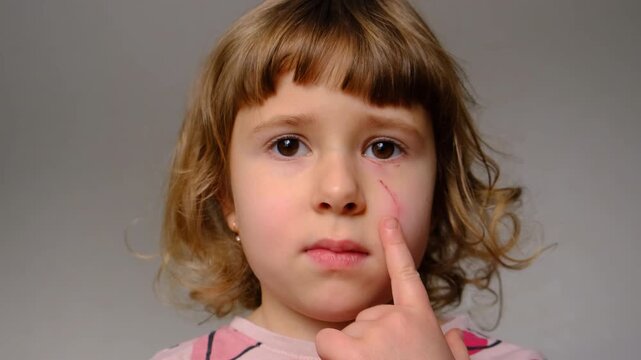 A scratch on a child face. Selective focus.