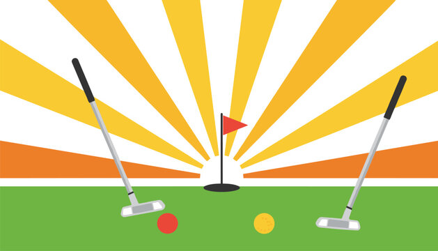 Two golf putters framing a central hole with a red flag, set against a vibrant yellow and orange sunburst background for sports and leisure activity marketing materials.