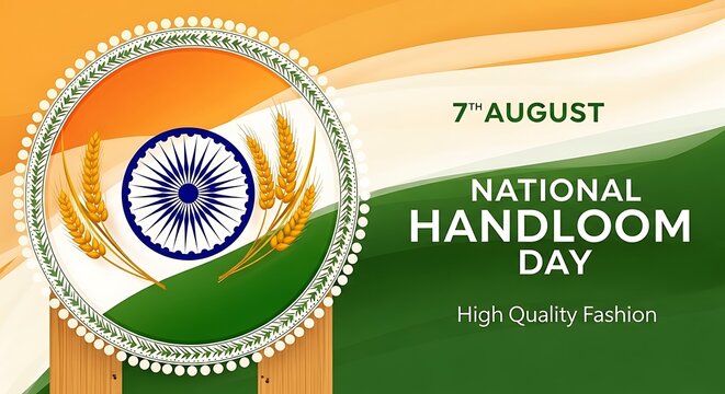 National handloom day banner with indian tricolor flag, ashoka chakra and wheat, august 7