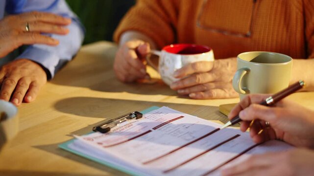 Elderly couple reviewing insurance documents and healthcare coverage options with a professional advisor during a retirement planning consultation.