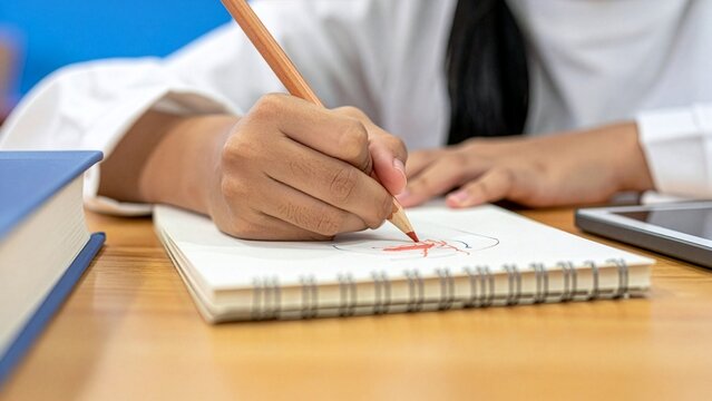 Young female student writing creatively with pencil on authentic paper notebook developing early literacy skills