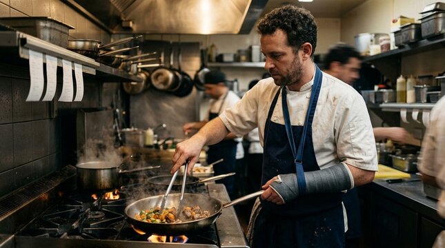 Dedicated Chef Continuing Work in Restaurant Kitchen Despite Broken Arm