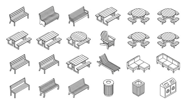 3D isometric line art collection of public park outdoor furniture with picnic tables benches and recycling waste bins